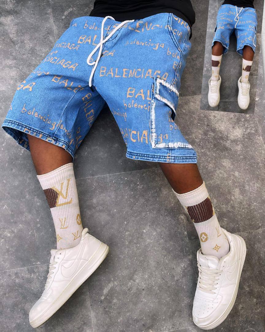 All-Over Monogram Blue Denim Shorts