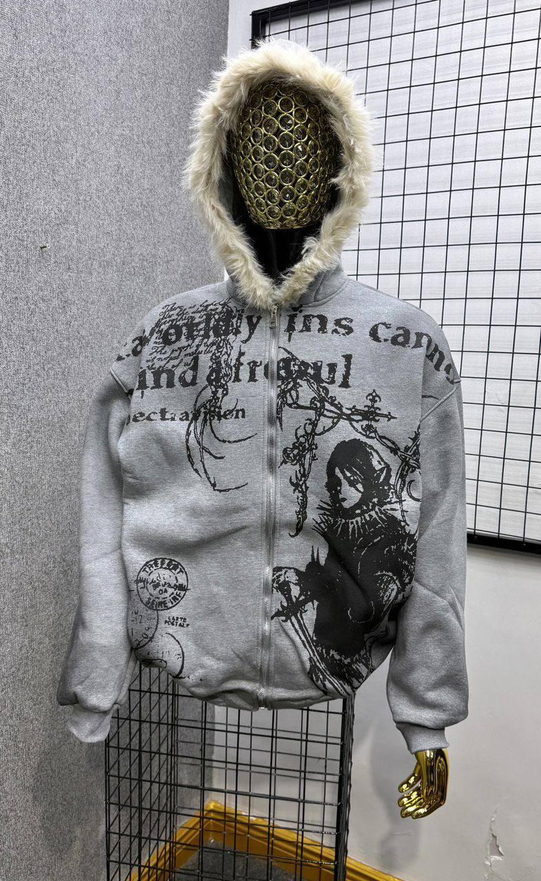 "Worldy Ins" Distressed Anime Faux-Fur Zip-Up