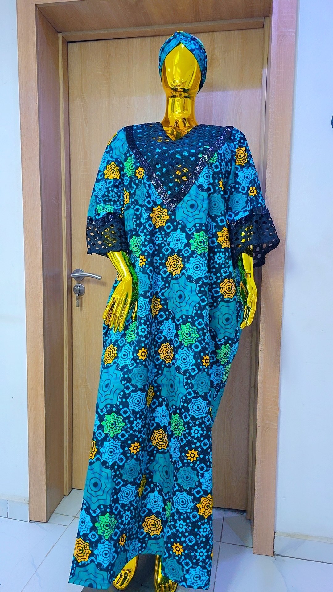 African Print Kaftan Maxi Dress with Matching Headwrap