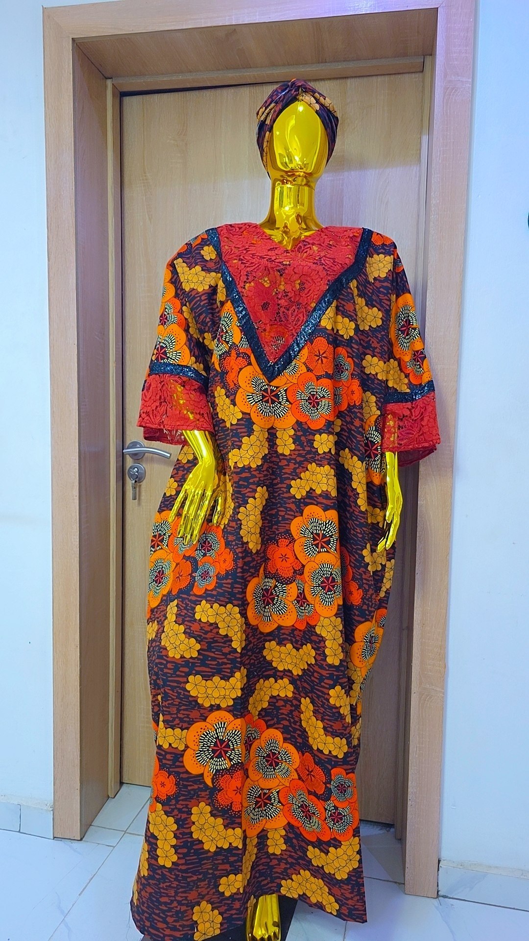 African Print Kaftan Maxi Dress with Matching Headwrap