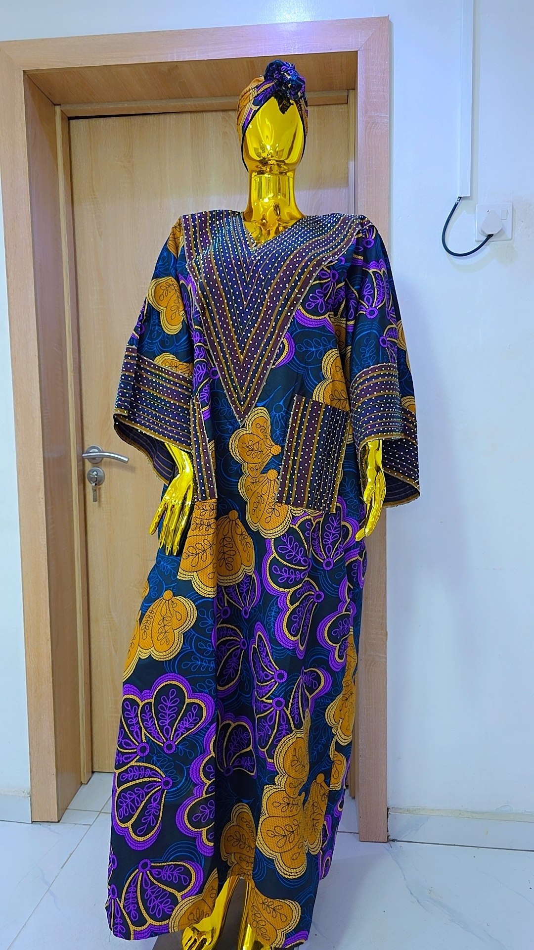 Women's Royal African Print Kaftan Maxi Dress with Matching Headwrap