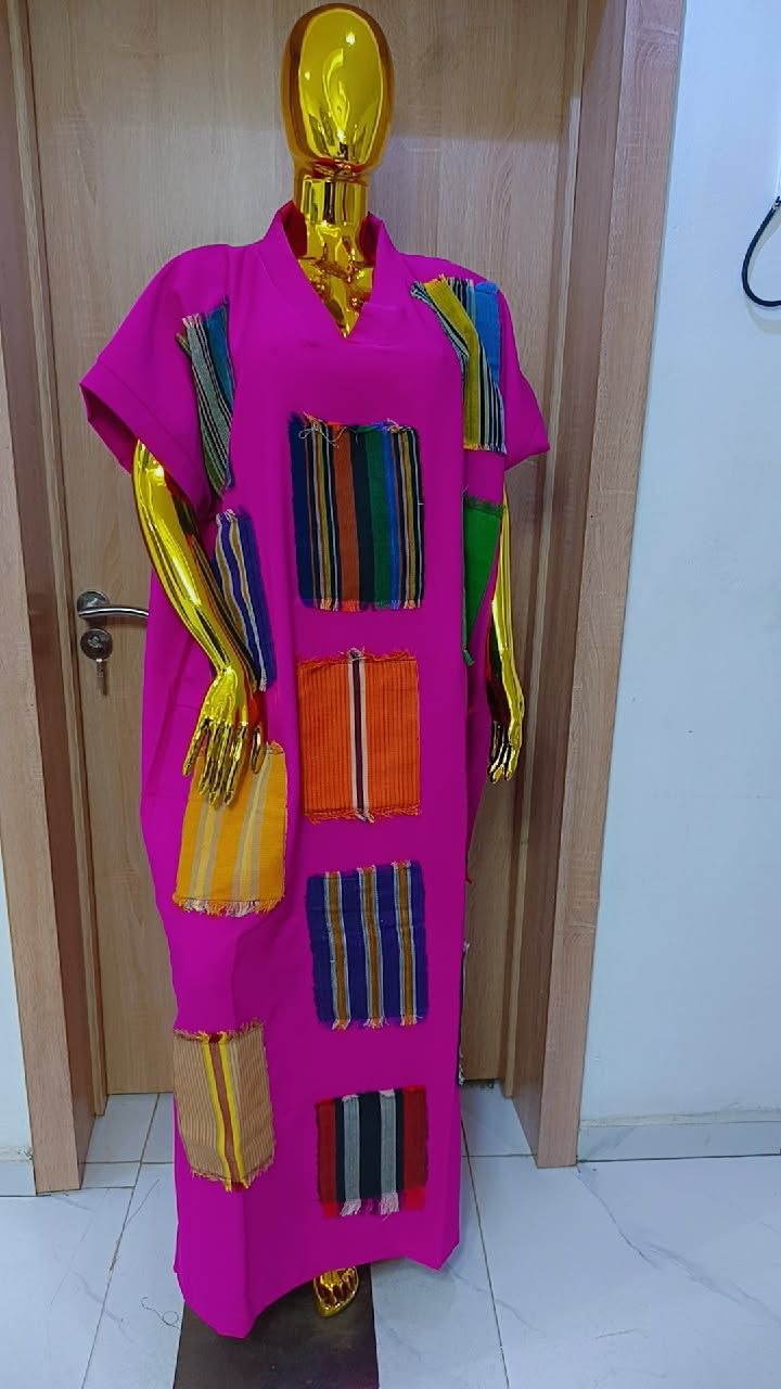 Luxury Crepe Patchwork Bubu Gown – Vibrant Magenta