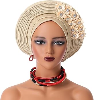 Gold Floral Rhinestone Pleated Ready-to-Wear Auto Gele