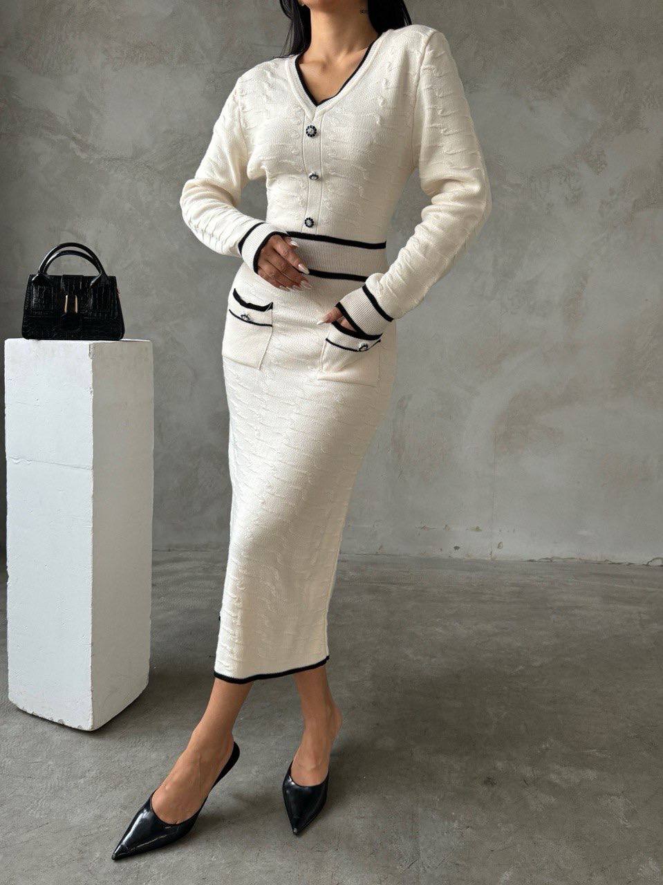 Elegant Cream and Black Trim Knit Midi Dress