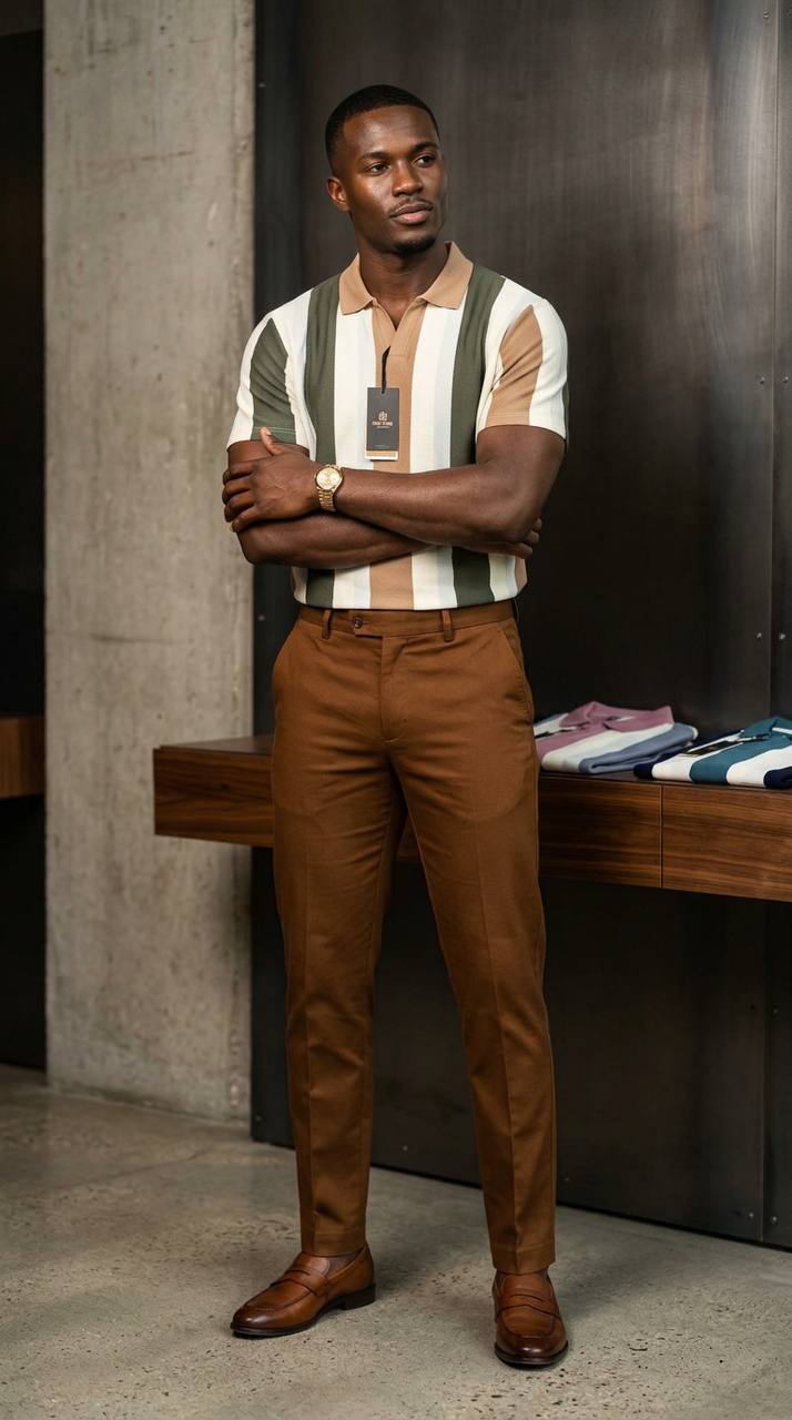 Retro Vertical Block-Striped Quarter-Zip Knit Polo Shirt