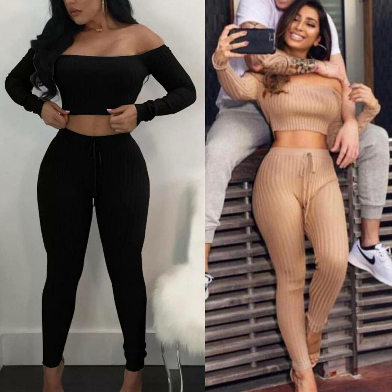 Off-Shoulder Ribbed Crop Top and Leggings Lounge Set