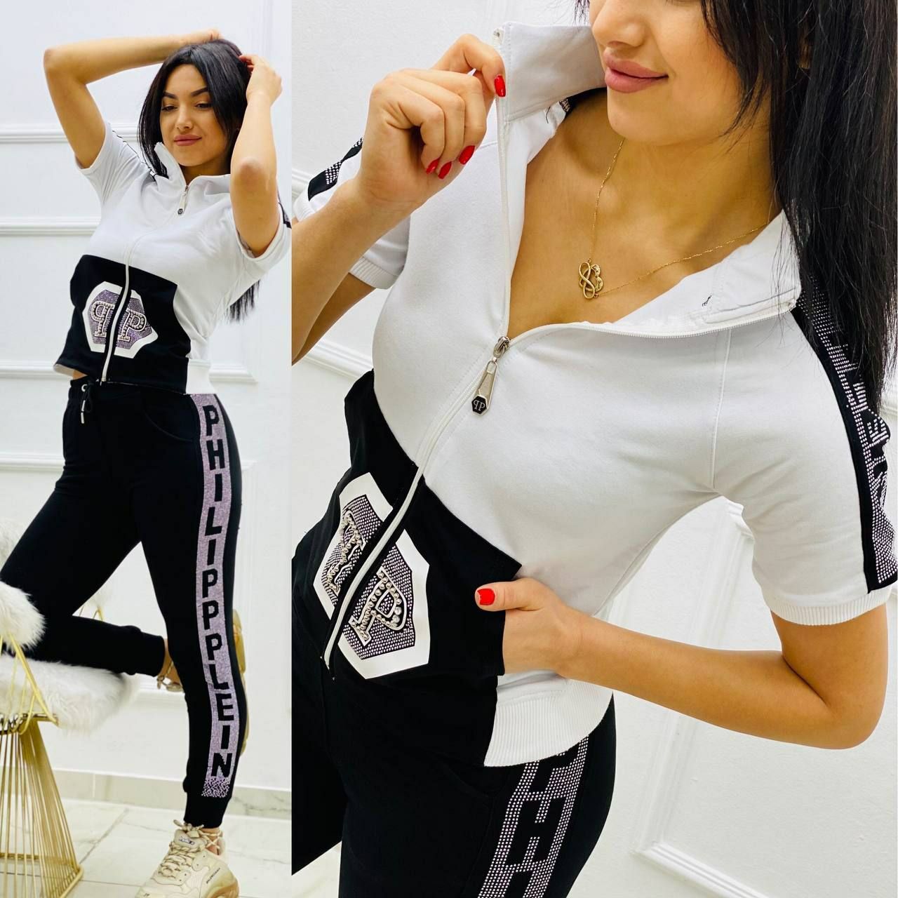 Designer-Inspired Short-Sleeve Zip-Up Top and Jogger Set