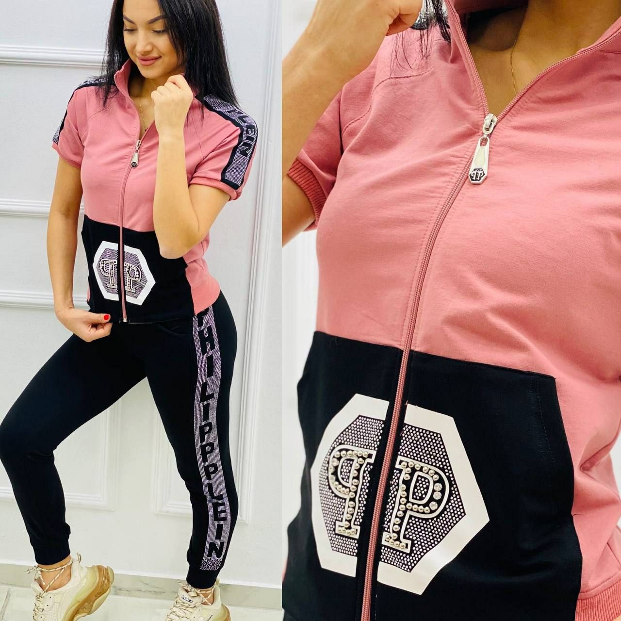Designer-Inspired Short-Sleeve Zip-Up Top and Jogger Set
