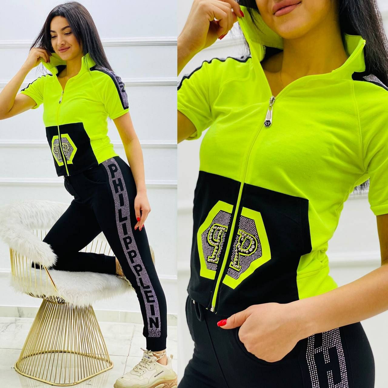 Designer-Inspired Short-Sleeve Zip-Up Top and Jogger Set