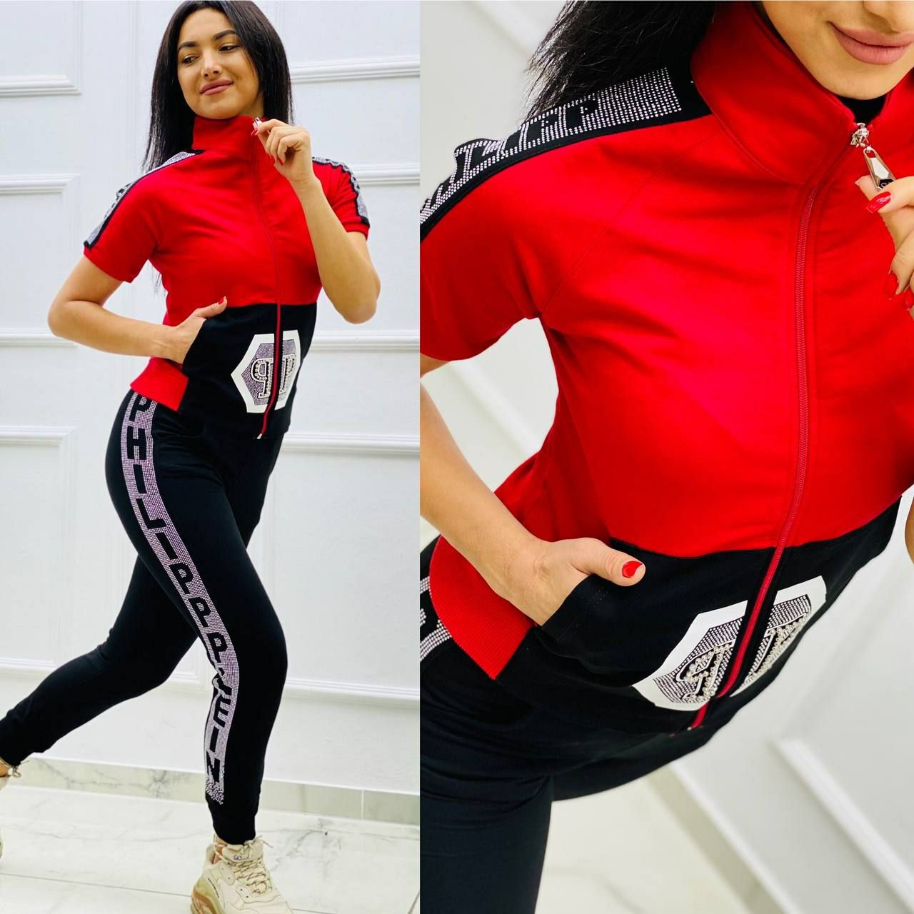 Designer-Inspired Short-Sleeve Zip-Up Top and Jogger Set