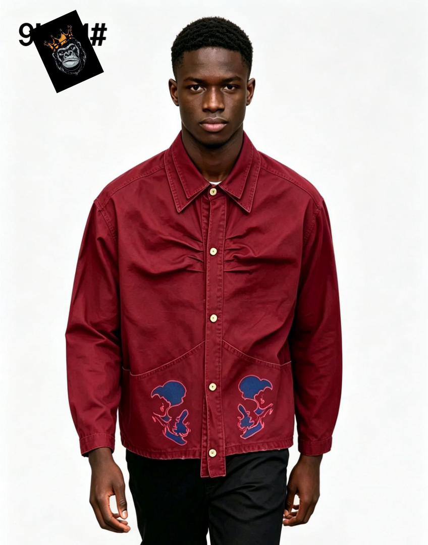 Men’s Ruched Chest Burgundy Cotton Overshirt Jacket