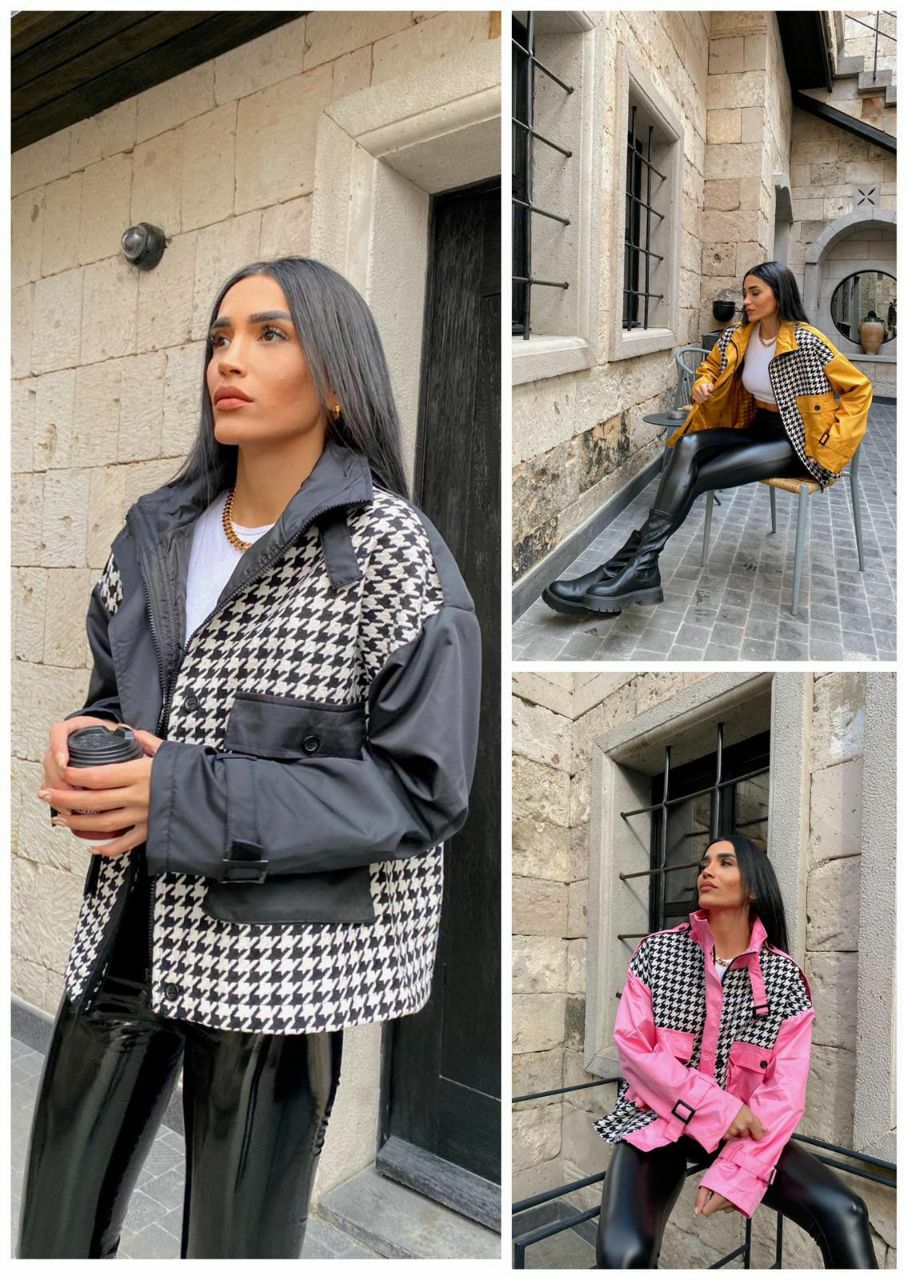 Chic Houndstooth Color-Block Utility Jacket