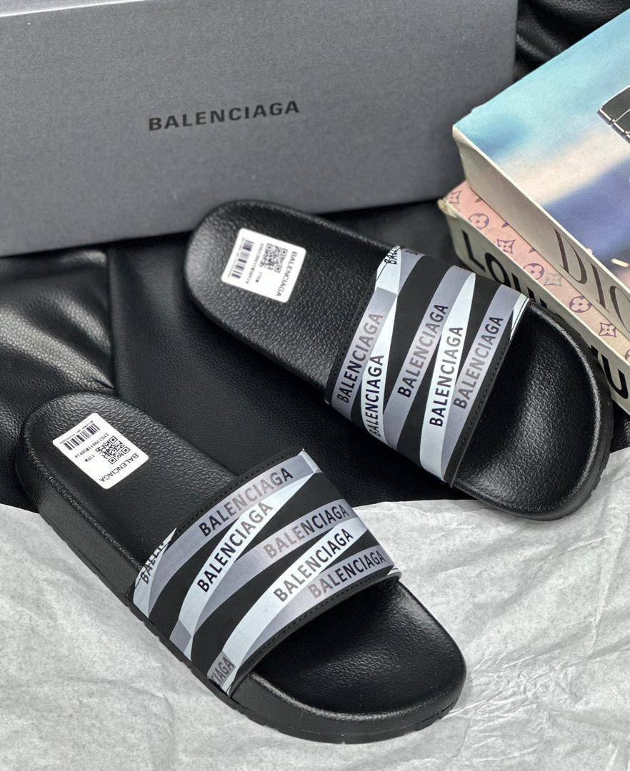 Balenciaga Multi-Logo Stripe Black Pool Slides