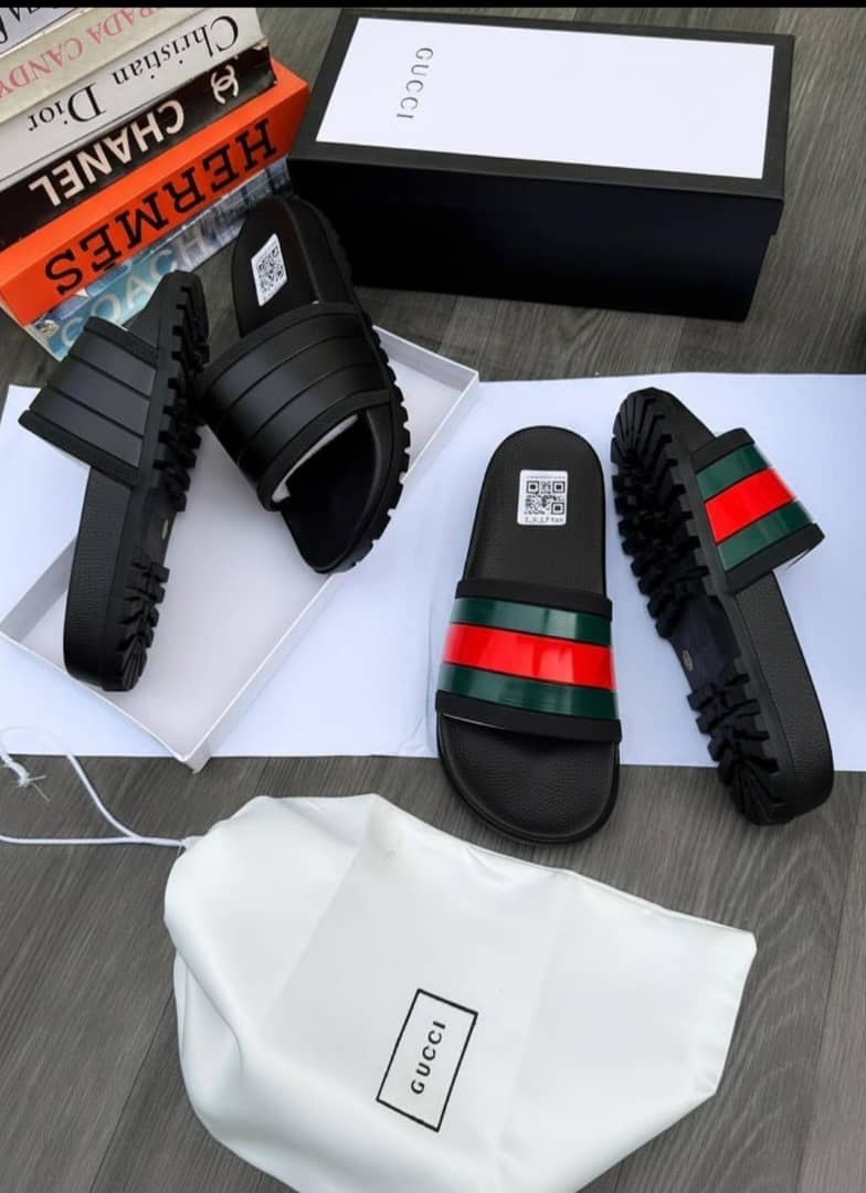 Men’s Luxury Designer-Style Slide Sandals Black/Green/Red Stripe