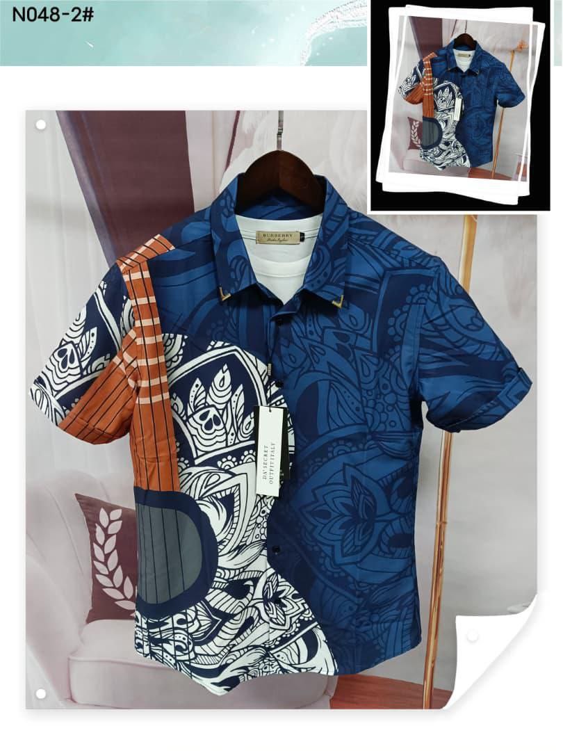 Casual Vacation Shirt: Blue and Brown Feather Print
