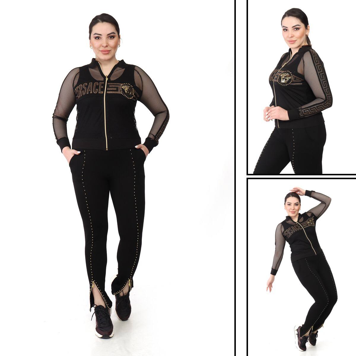 Luxury Mesh-Sleeve Tracksuit with Rhinestone Detailing