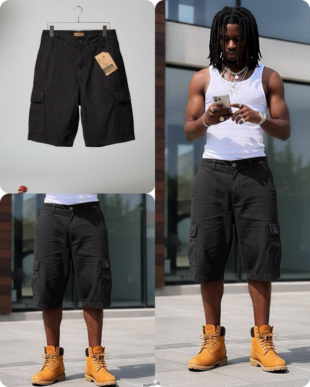 Men’s Relaxed-Fit Black Heavyweight Cotton Cargo Shorts