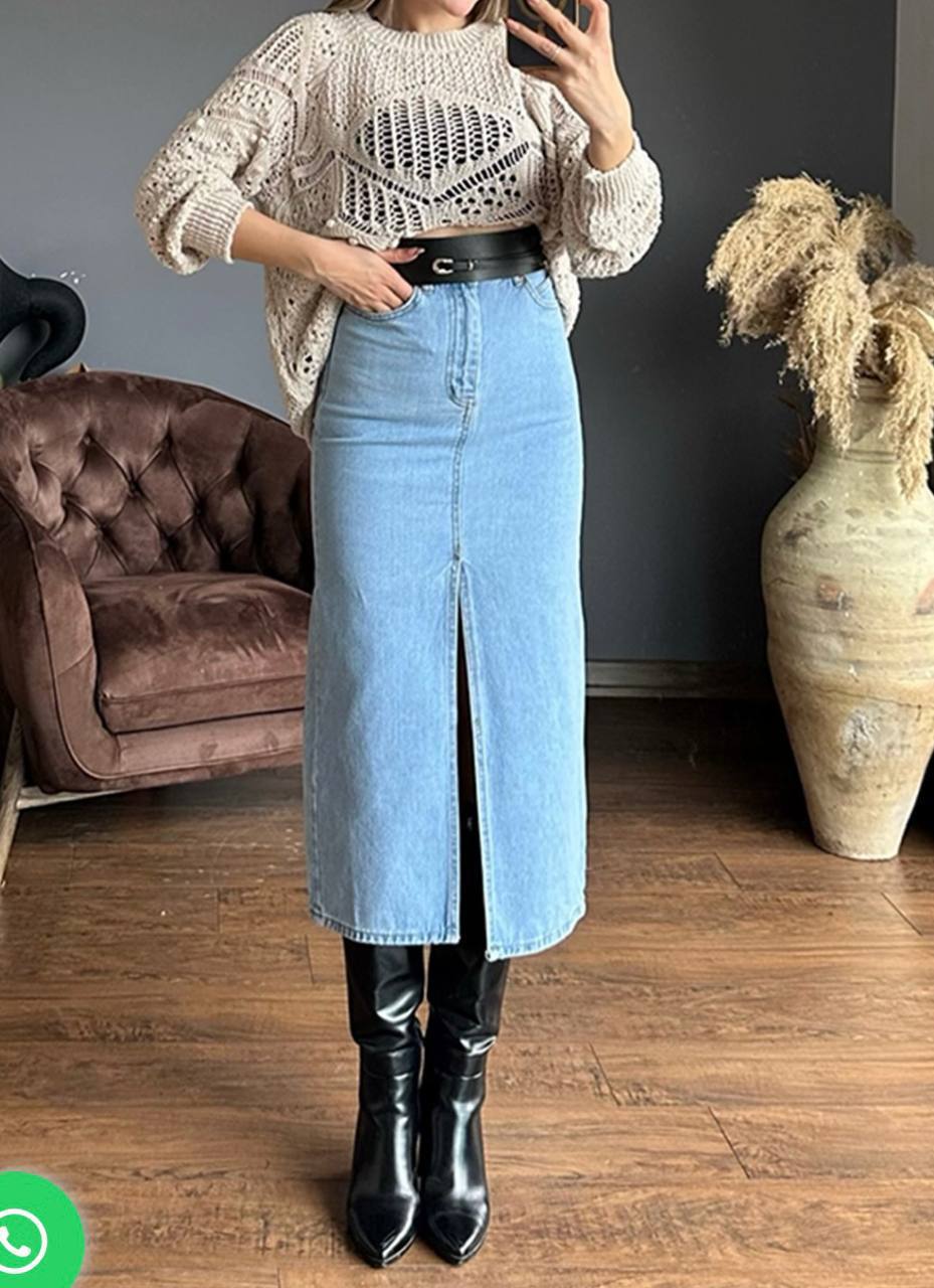 Casual Front-Slit Denim Midi Skirt