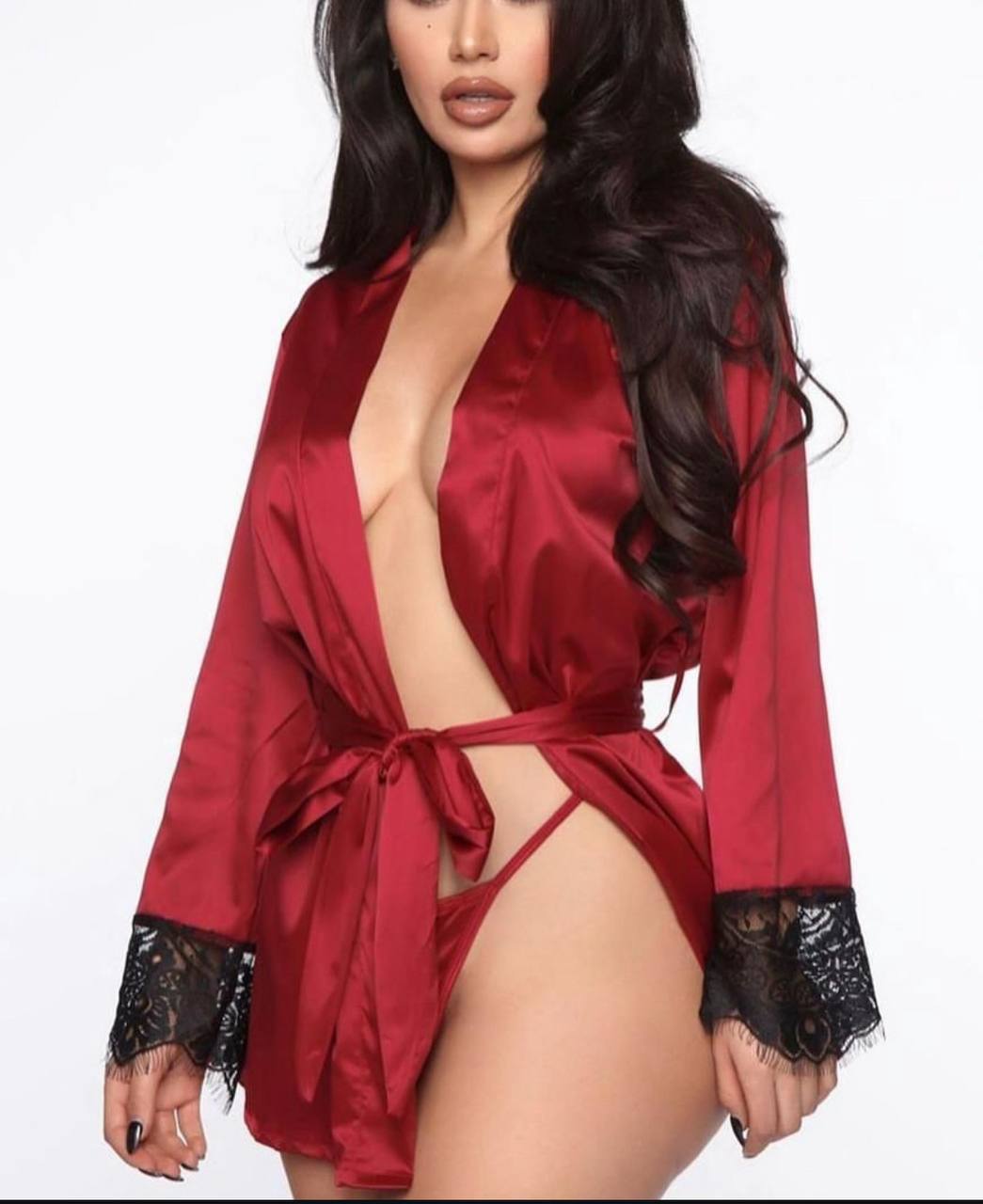 Midnight Allure Satin & Lace Kimono Robe - Image 2