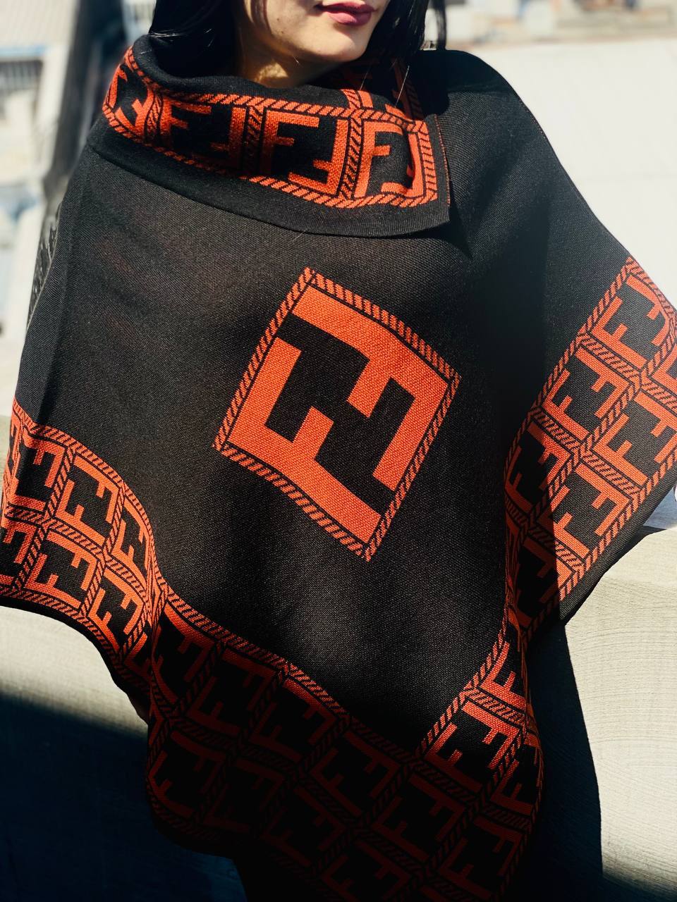 Luxury-Style Monogram Knit Poncho Wrap