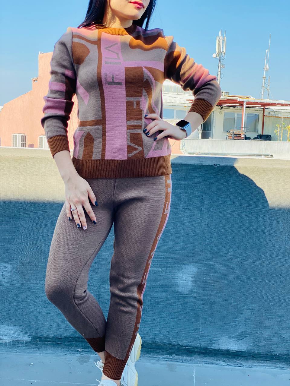 Fila-Inspired Knitted Two-Piece Sweater and Legging Set