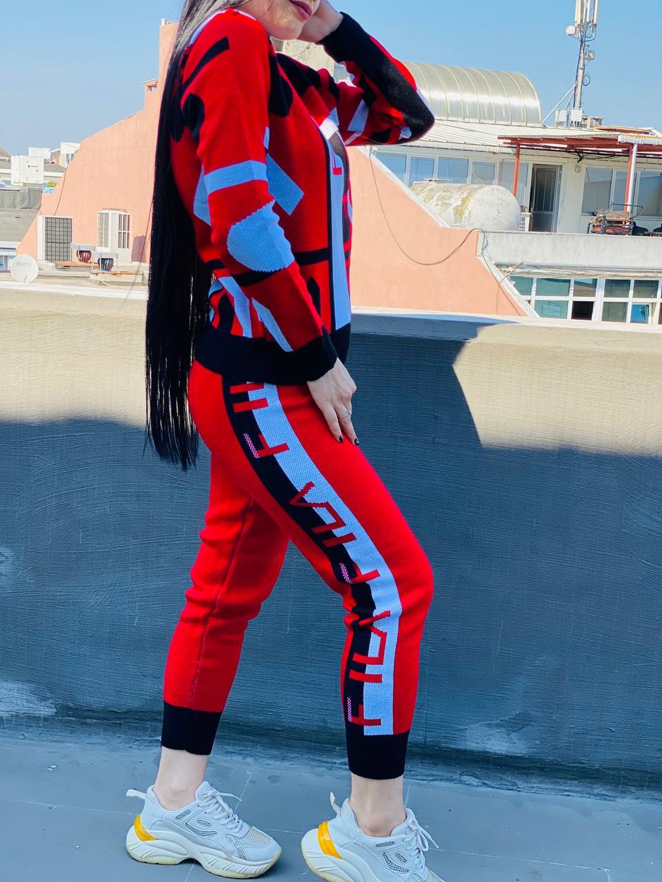 Fila-Inspired Knitted Two-Piece Sweater and Legging Set