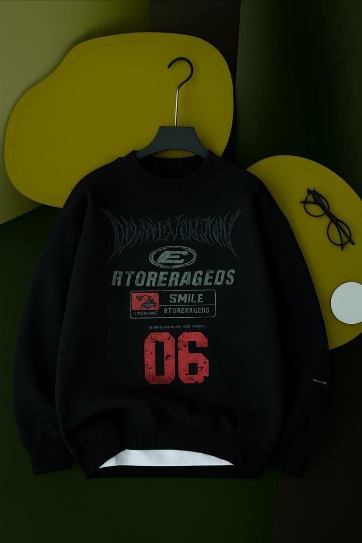 Oversized Black Crew Neck Sweatshirt with Graphic Print