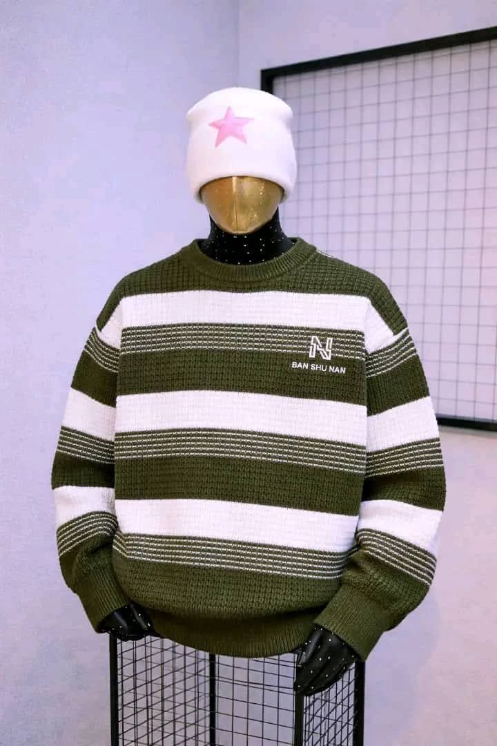 Men’s Olive Green and White Striped Knit Sweater