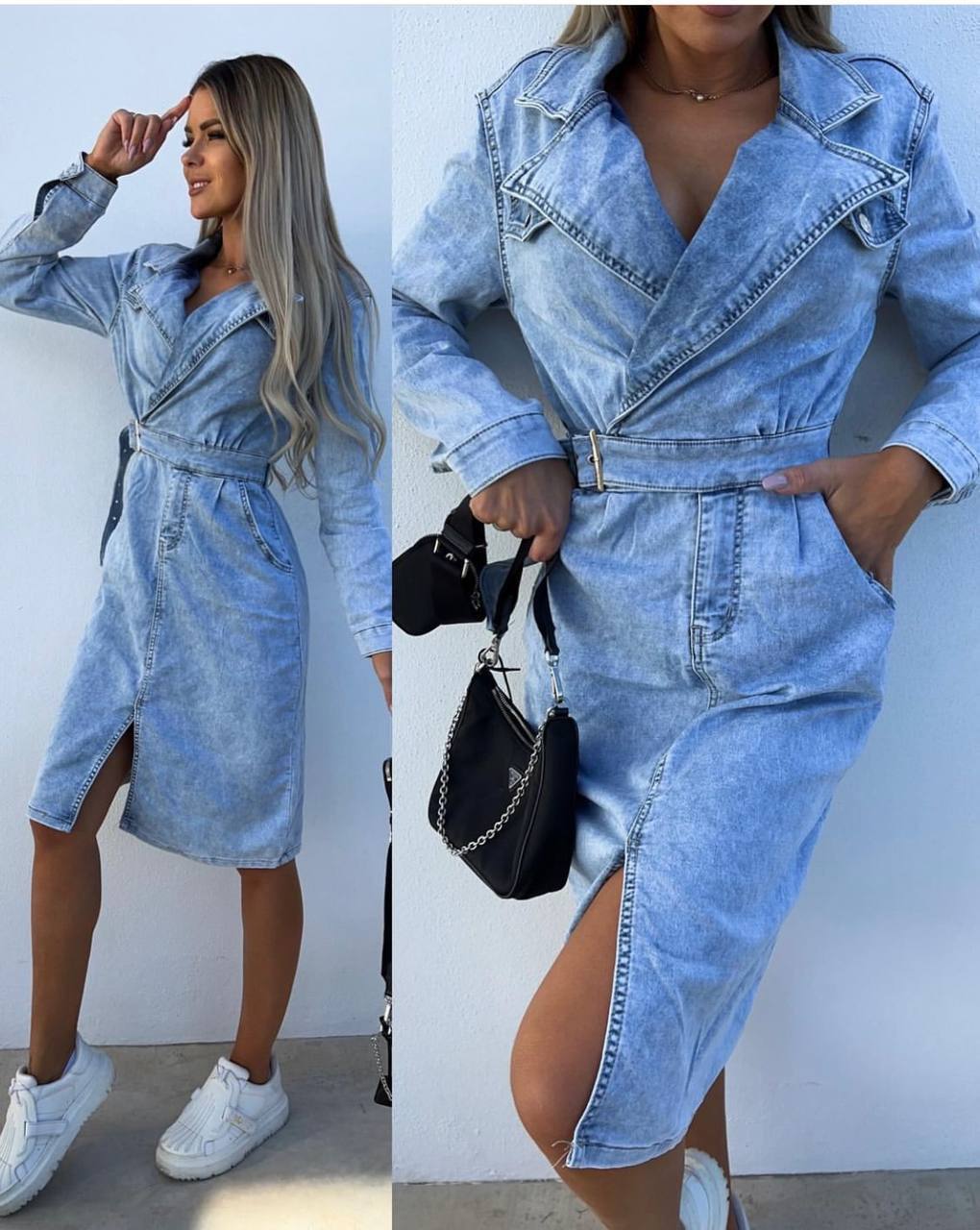 Trendy Washed Denim Wrap Midi Dress