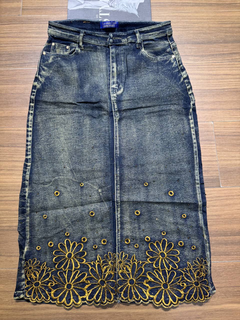 Floral-Detail Acid-Wash Denim Skirt