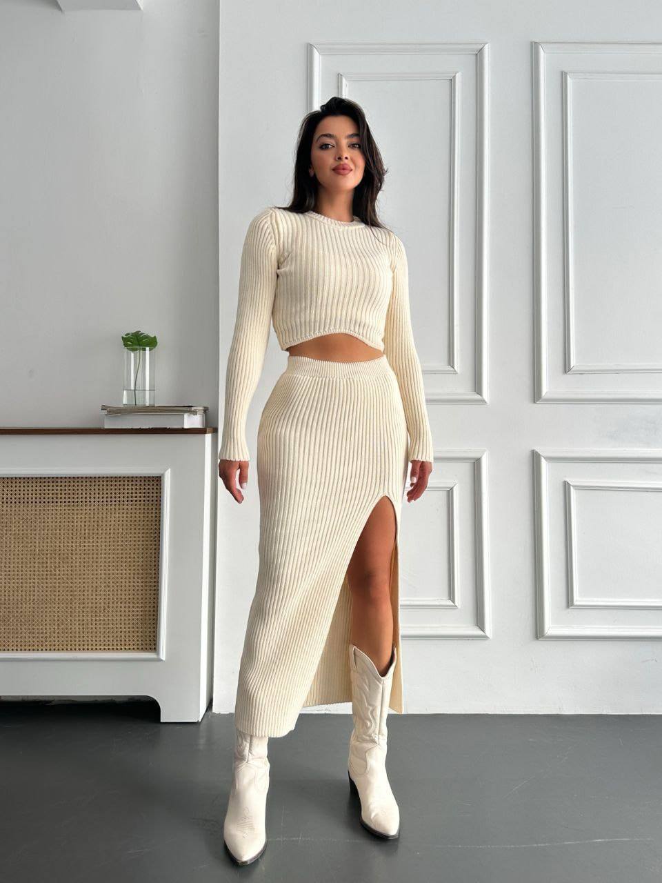 Long-Sleeve Crop Top and Slit Midi Skirt