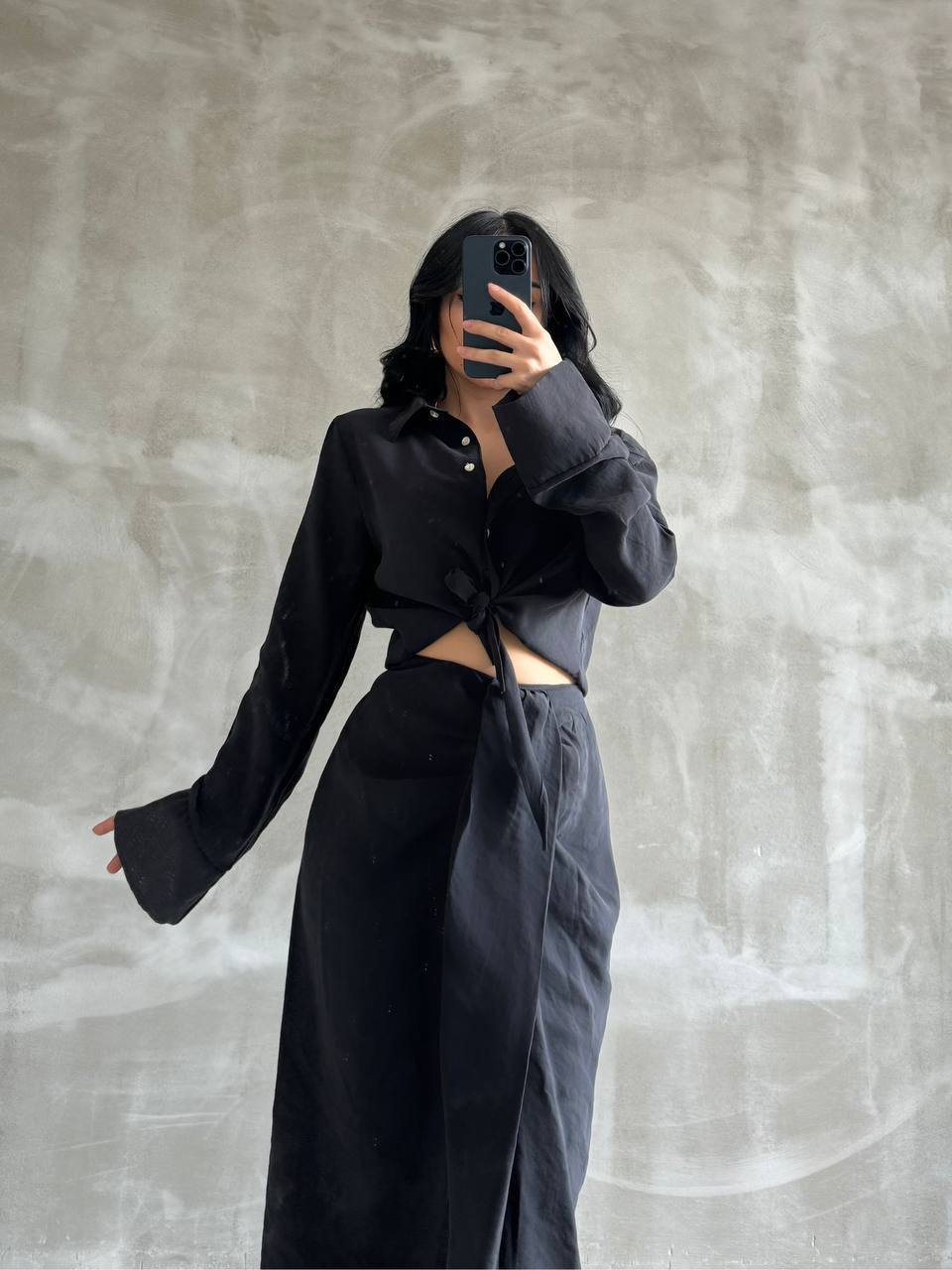 Black Front-Tie Ensemble with High Slit