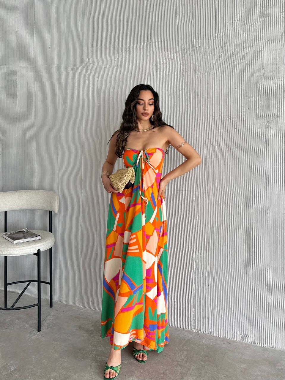 Bohemian Multi-Color Tie-Front Maxi Gown