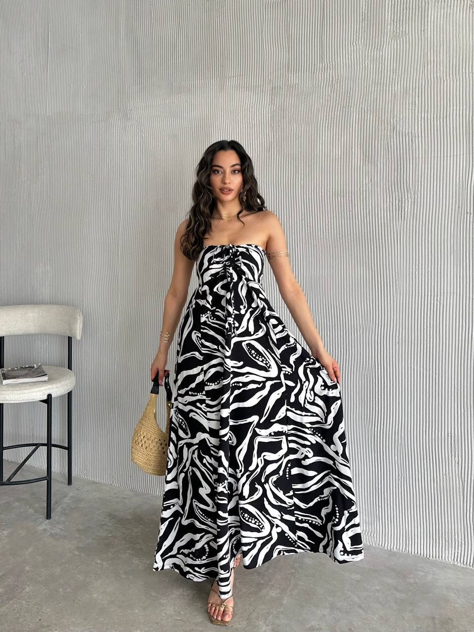Effortless Style: Abstract Black/white Print Tie-Front Maxi