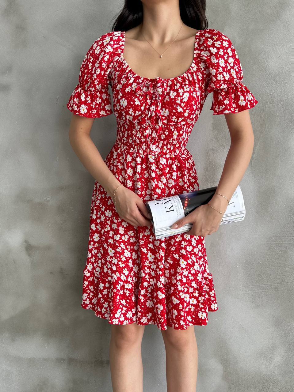 Red Floral Ruched Puff-Sleeve Mini Dress