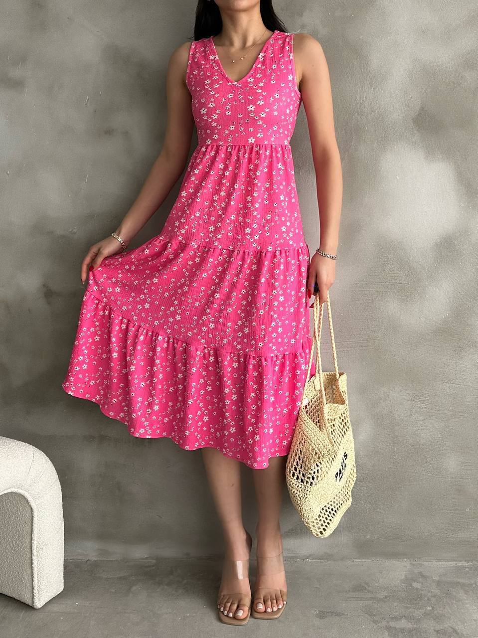 Vibrant Pink Floral Sleeveless Tiered Maxi Dress