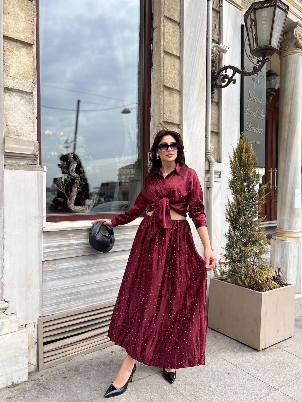 Burgundy Satin Tie-Front Shirt and Pleated Maxi Skirt