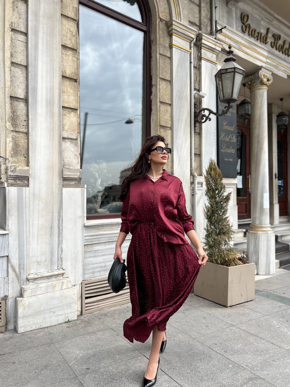 Burgundy Satin Tie-Front Shirt and Pleated Maxi Skirt - Image 2