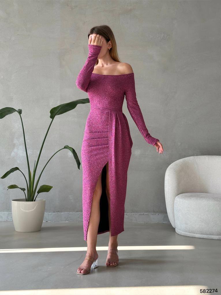 Off-Shoulder Ruched Slit Gown