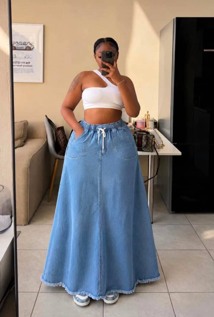 High-Waist Denim Maxi Skirt with Drawstring