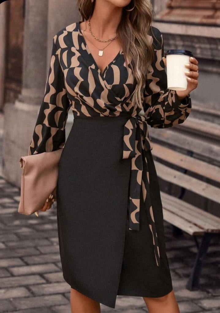 Classic Business-Chic Patterned Midi Dress