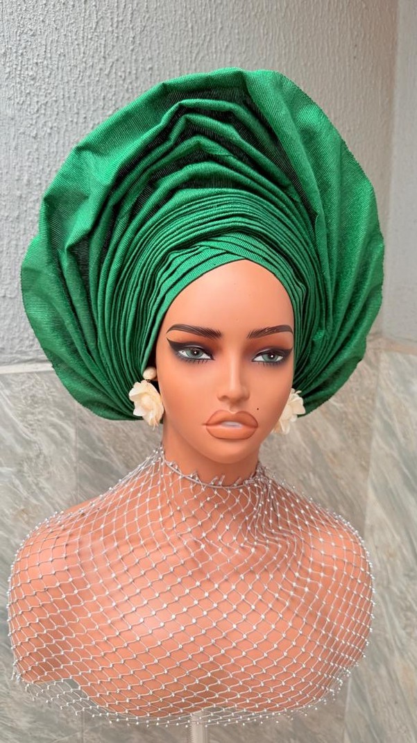 Green Layered Pleated Fan Ready-to-Wear Auto Gele