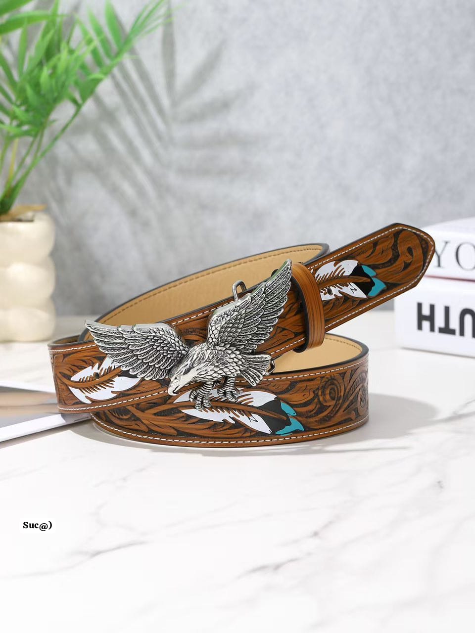 Hand-Tooled Floral Carved Brown Belt with Native Feather Inlays