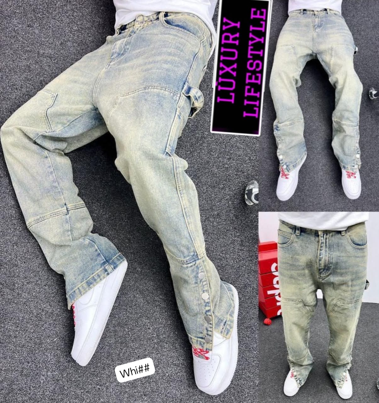 Luxury Light-Wash Streetwear Flare Pants with Adjustable Side-Snap Hems