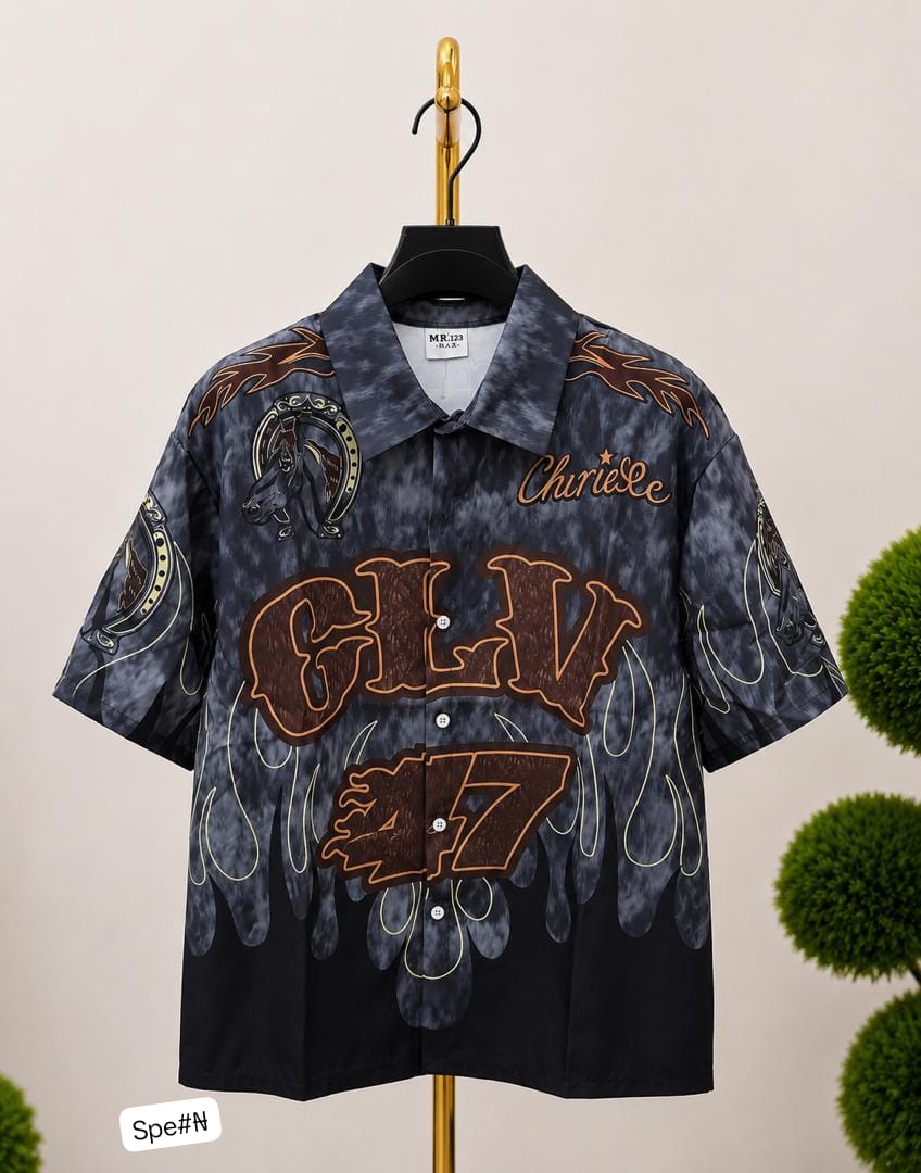 Premium Men’s "CLV 47" Western Flame Graphic Button-Down Shirt