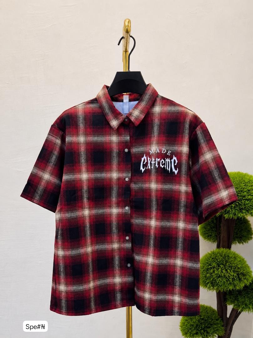Premium Men’s "MADE EXTREME" Dark Red Plaid Short-Sleeve Button-Down Shirt