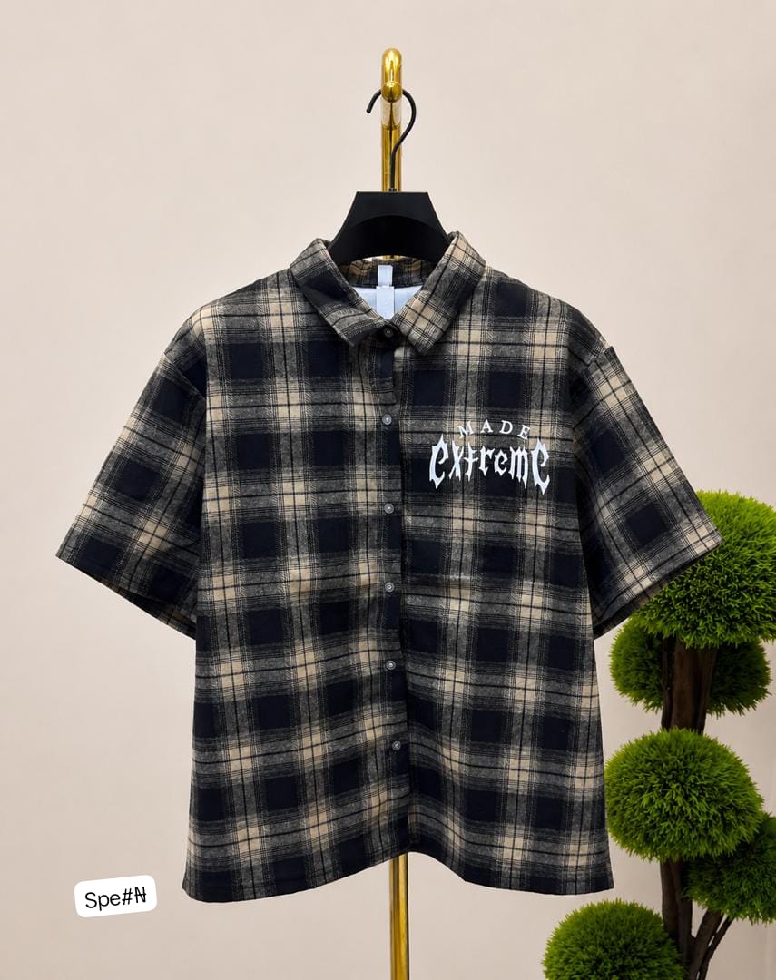 Premium Men’s "MADE EXTREME" Black and Yellow Plaid Short-Sleeve Button-Down Shirt
