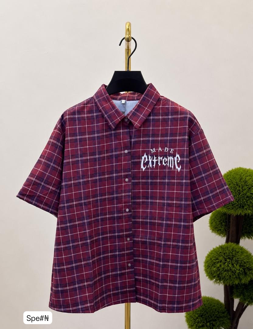 Premium Men’s "MADE EXTREME" Red and Blue Plaid Short-Sleeve Button-Down Shirt