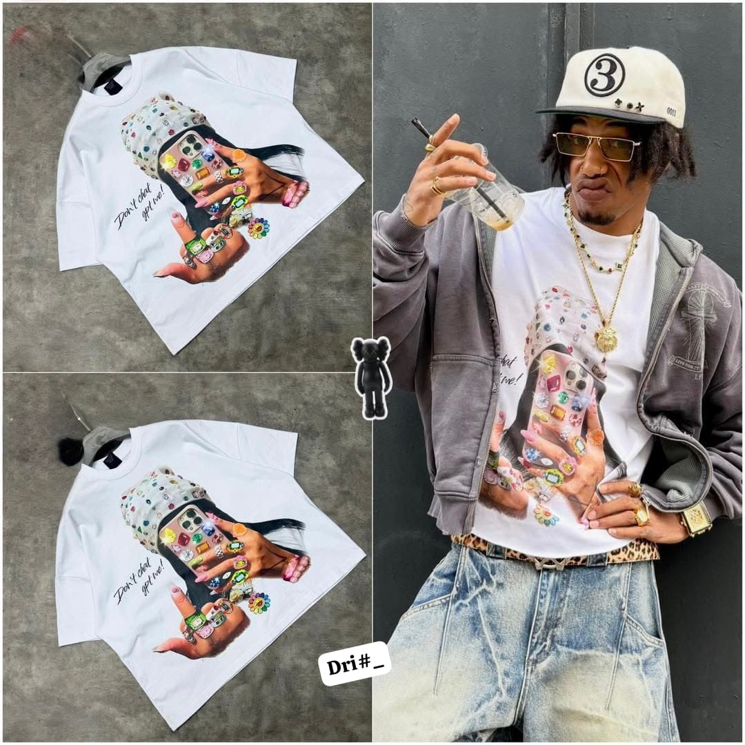 White Luxury Heavyweight Cotton Streetwear Tee with Y2K Bedazzled Selfie Print
