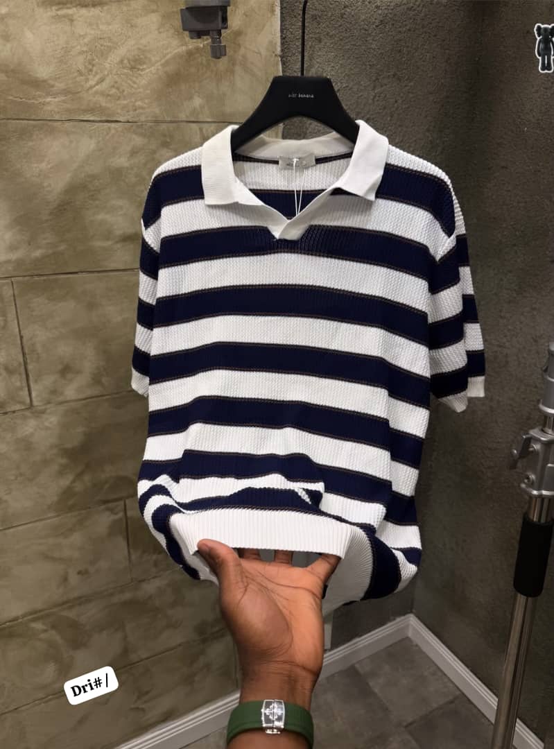 Premium Men’s Textured Knit Striped Polo Shirt